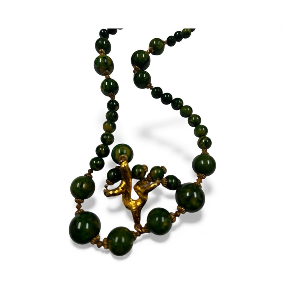Bakelite necklace with spinach beads & Gold pendent‎ of monkey holding beads EUC